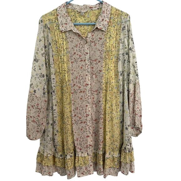 Cato Womens 22/24 Long Sleeve V-neck Floral Boho Color Block Button Front - Picture 1 of 6